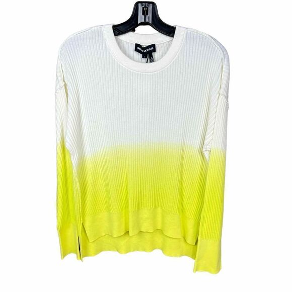 DKNY Ombre Sweater Crew Neck White Neon Yellow Green High Low Hem Large - Picture 1 of 14
